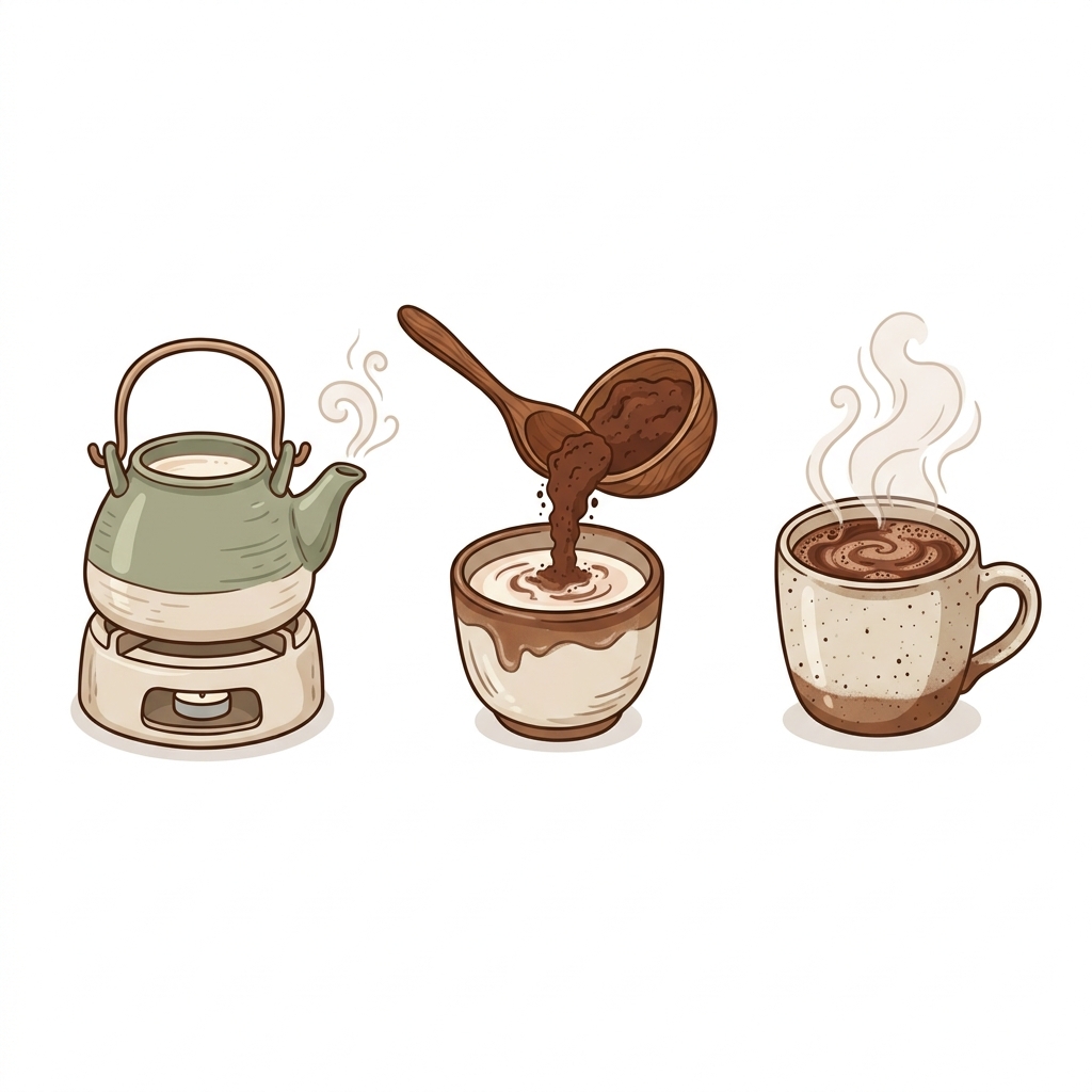 How to prepare a perfect cup of Cocoa Jack: Heat Milk -> Add 10g Powder -> Stir & Enjoy